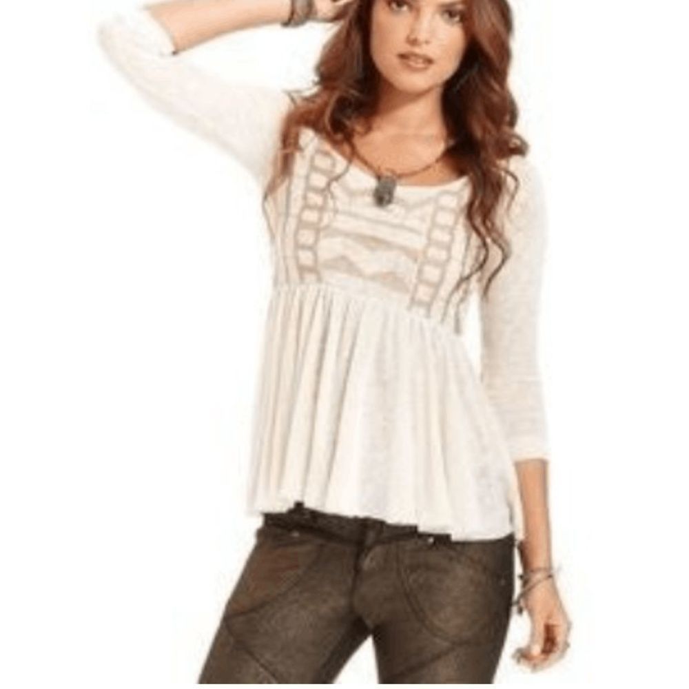 Free People Justyana Embroidered 3/4 Sleeve Babydoll Top Women's Large